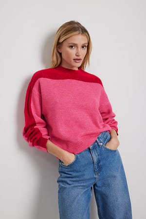 Red/Pink Knitted Color Block Sweater