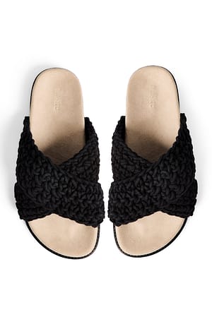 Black Knitted Cotton Footbed Slippers