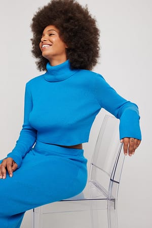 Blue NA-KD Trend Knitted Cropped Turtle Neck Sweater