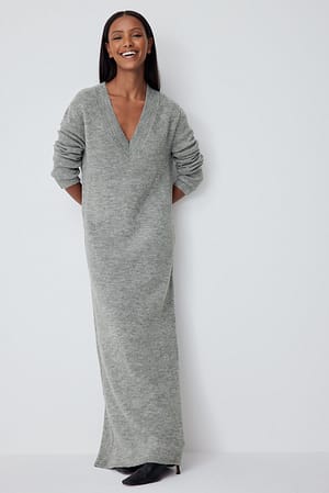 Grey Knitted Deep V-Neck Maxi Dress