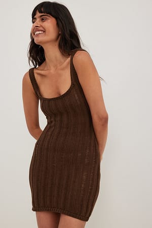 Brown Knitted Detail Mini Dress