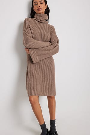 Taupe Knitted Folded Sleeve Turtle Neck Long Sweater