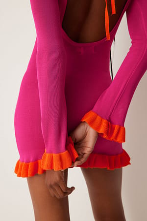 Pink/Orange Knitted Frill Mini Dress