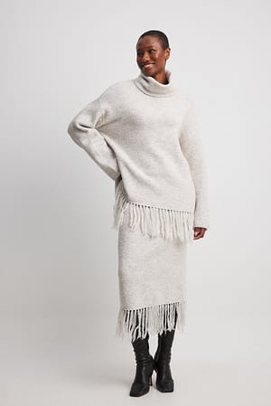 Light Beige Knitted Fringe Midi Skirt