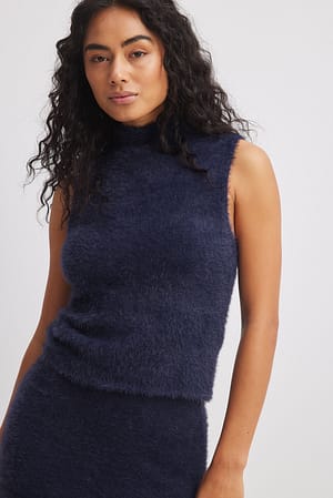 Navy Knitted High Neck Top