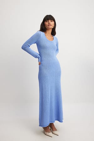 Light Blue Gebreide maxi-jurk met lange mouwen
