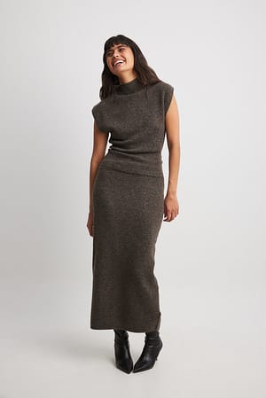 Grey Brown Knitted Mid Waist Midi Skirt