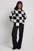 Black/White Knitted Mock Neck Checkered Sweater
