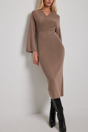 Taupe Knitted Overlap Detail Midi Dress