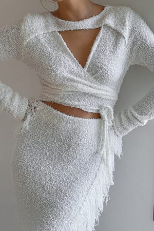 Offwhite Knitted Overlap Fringe Detail Sweater
