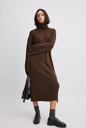 Brown Knitted Oversized Midi Dress