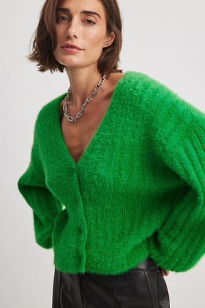 Green Knitted Ribbed Fuzzy Cardigan