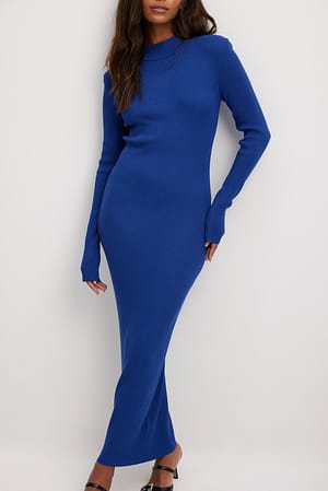 Blue Knitted Shoulder Pads Maxi Dress