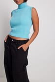 Blue Knitted Sleeveless Turtle Neck Top