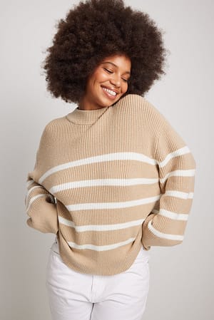 Beige/White Knitted Striped Sweater