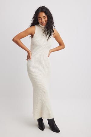 Offwhite Knitted Turtle Neck Maxi Dress