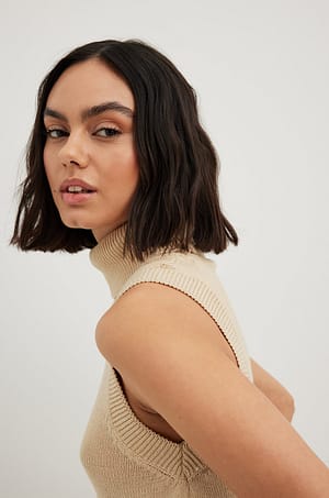 Light Beige Knitted Turtle Neck Top