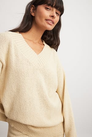 Beige Knitted V-Neck Sweater