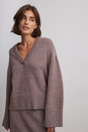 Brown Knitted V-Neck Wide Sleeve Sweater