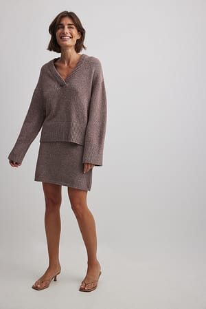 Knitted V-Neck Wide Sleeve Sweater Outfit