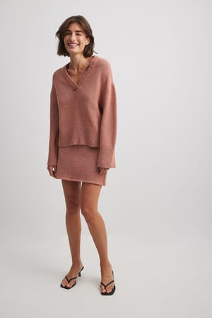 Knitted V-Neck Wide Sleeve Sweater Outfit