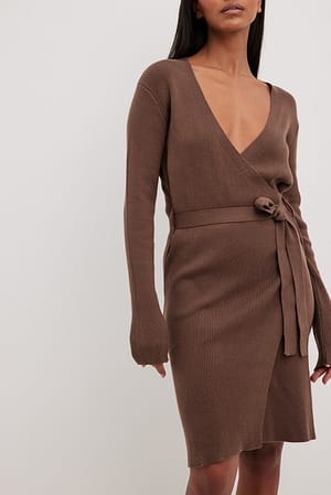 Brown Knitted Wrap Mini Dress