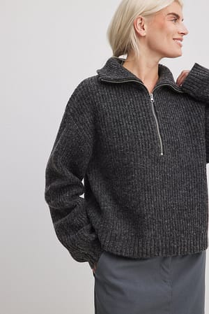 Dark Grey Melange Sweter z dzianiny z zamkiem błyskawicznym