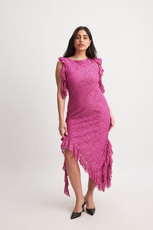 Pink Koronkowa sukienka midi z falbanami