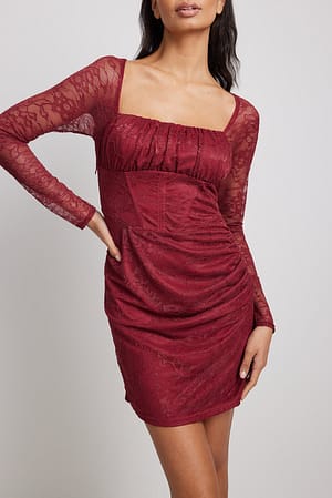 Burgundy Koronkowa sukienka mini z długim rękawem