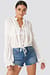 White Ruched Long Sleeve Tie Front Top