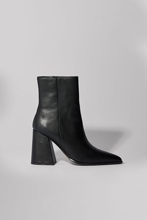 Black Leather Slanted Block Heel Boots