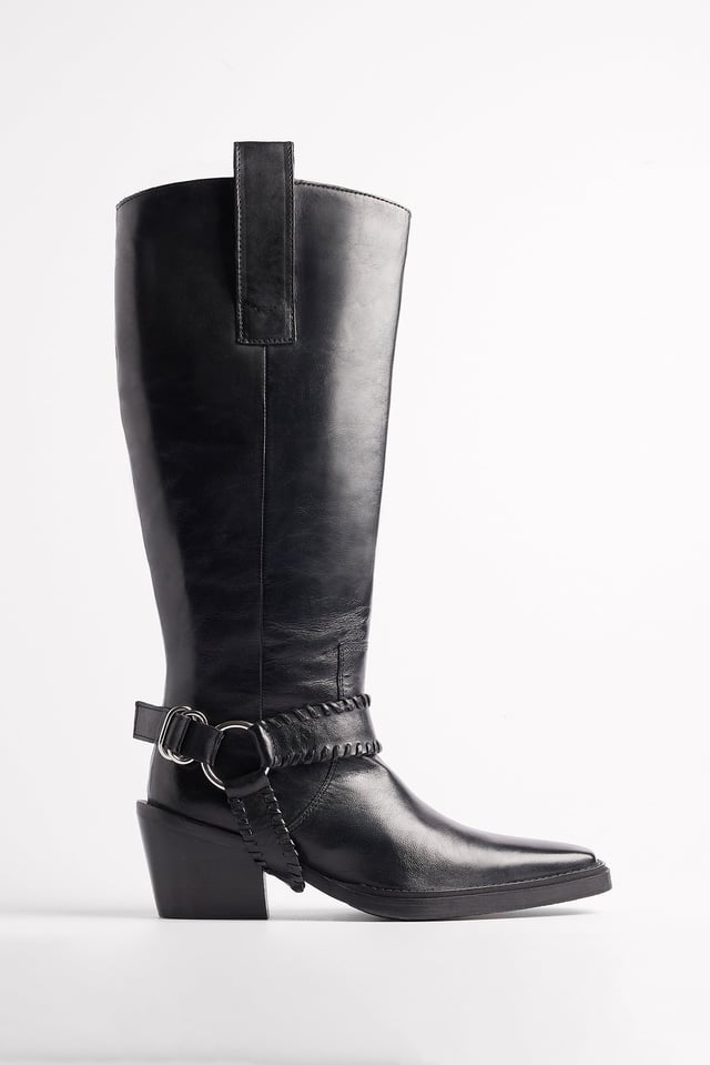Black Leather Buckle Detail Cowboy Boots