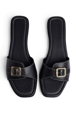 Black Leather Buckle Slippers