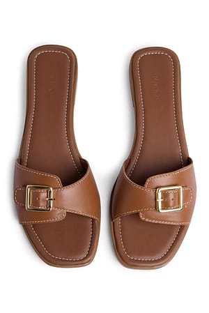Tan Leather Buckle Slippers
