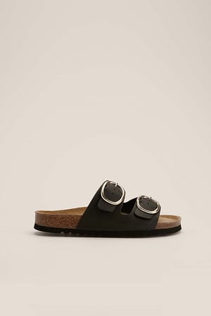 Black Leather Double Buckle Slippers