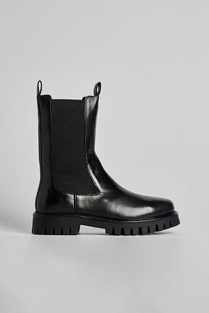 Black Leather Elastic Boots