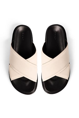 Cream/Black Leather Padded Crossed Strap Slippers