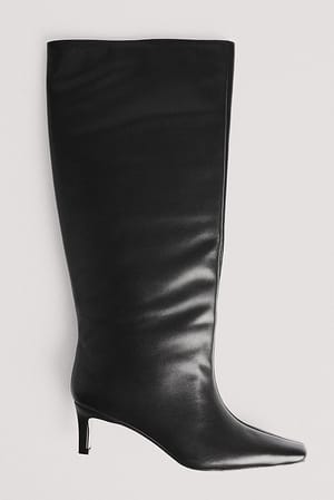 Black Leather Stiletto Wide Shaft Boots