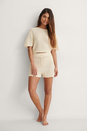 White Linen Blend Knitted Shorts