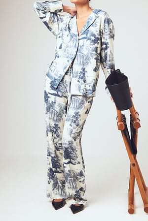 Print Spodnie ze średnim stanem ze ściągaczami z mieszanki lnu