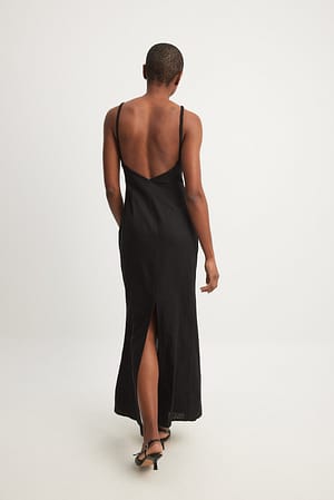 Black Linen Blend Open Back Maxi Dress
