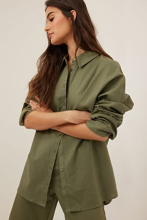Khaki Green Camisa oversize de mezcla de lino
