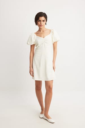 Beige Linen Blend Puff Shoulder Mini Dress