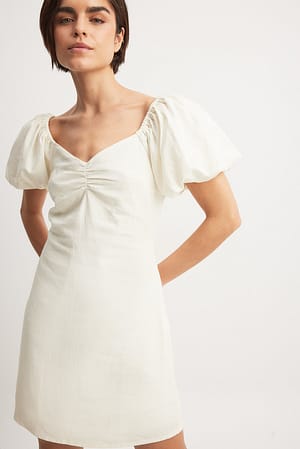 Beige Mini-jurk met pofschouder van linnenmix