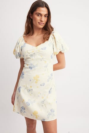Flower Print Linen Blend Puff Shoulder Mini Dress