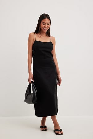 Black Vestido de lino mixto con tirantes finos