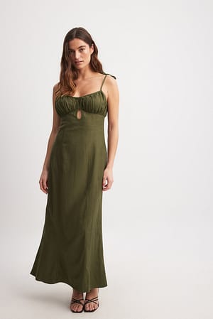 Green Midi-jurk van linnenmix met strikbandjes