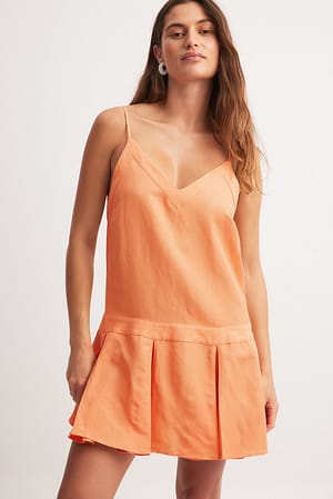 Deep Apricot Linen Blend V-neck Mini Dress