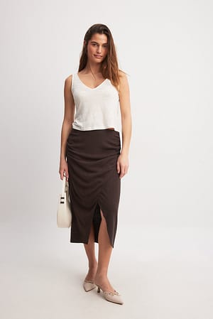 Dark Brown Linen Mix Midi Skirt