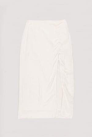 Linen Mix Slit Detail Midi Skirt Offwhite | NA-KD